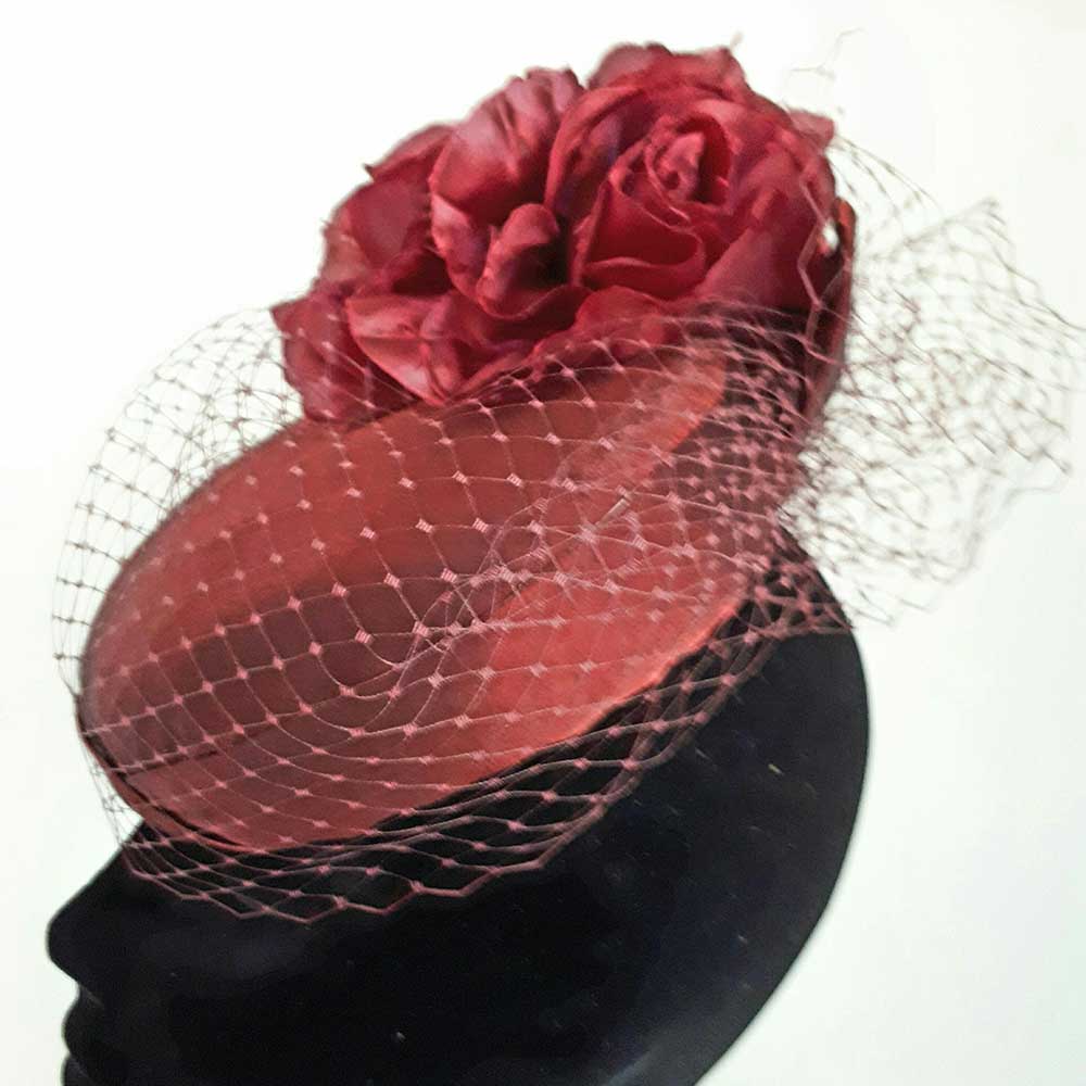 burgundy satin pill box hat